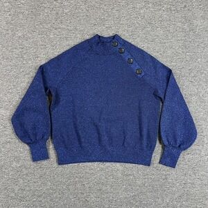 Sézane Sweater Womens Small Blue Glitter Mock Neck Button Shoulder Knit
